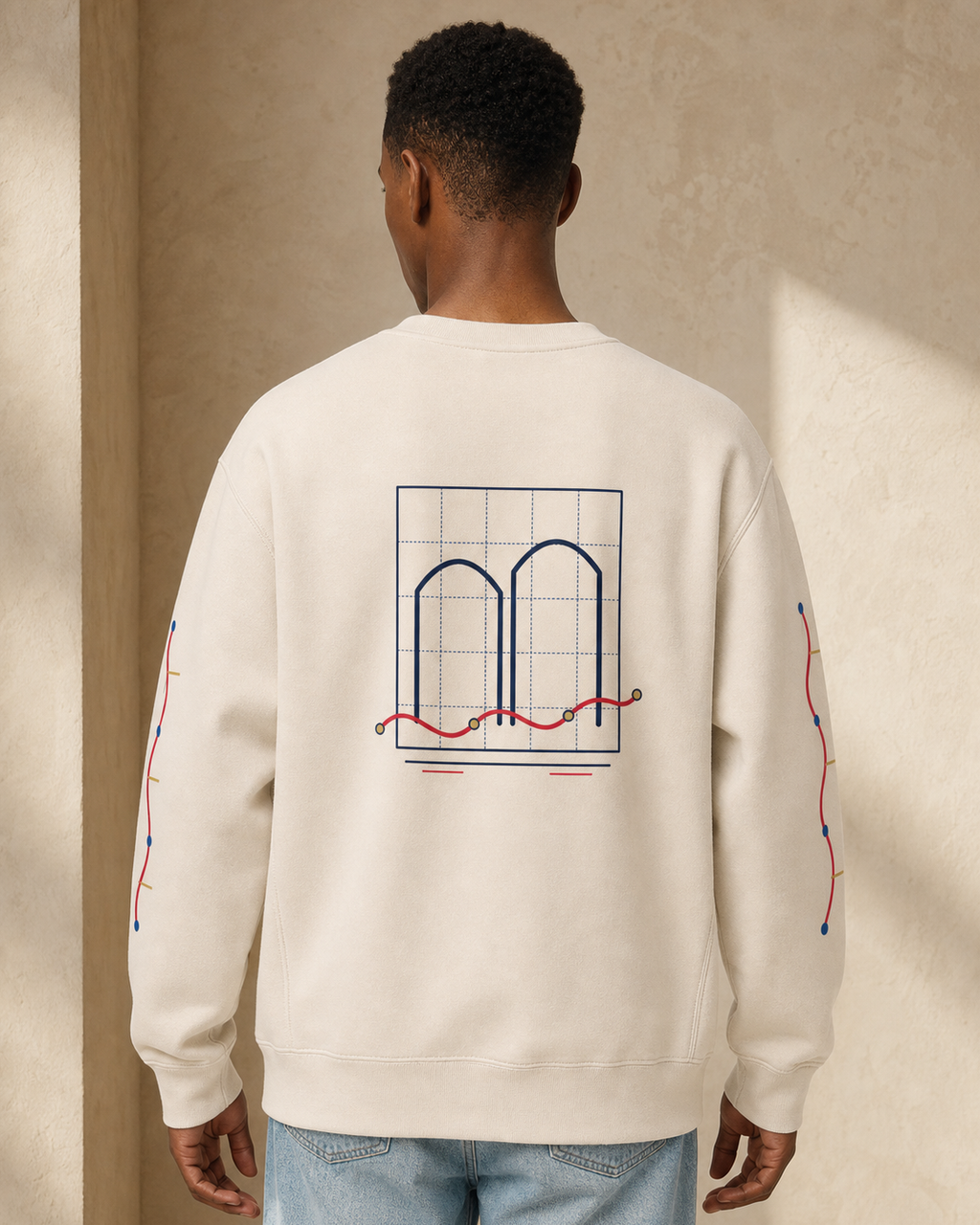 Lòt Bò Cross-Grain Crew in Bone, worn back view with route-grid artwork