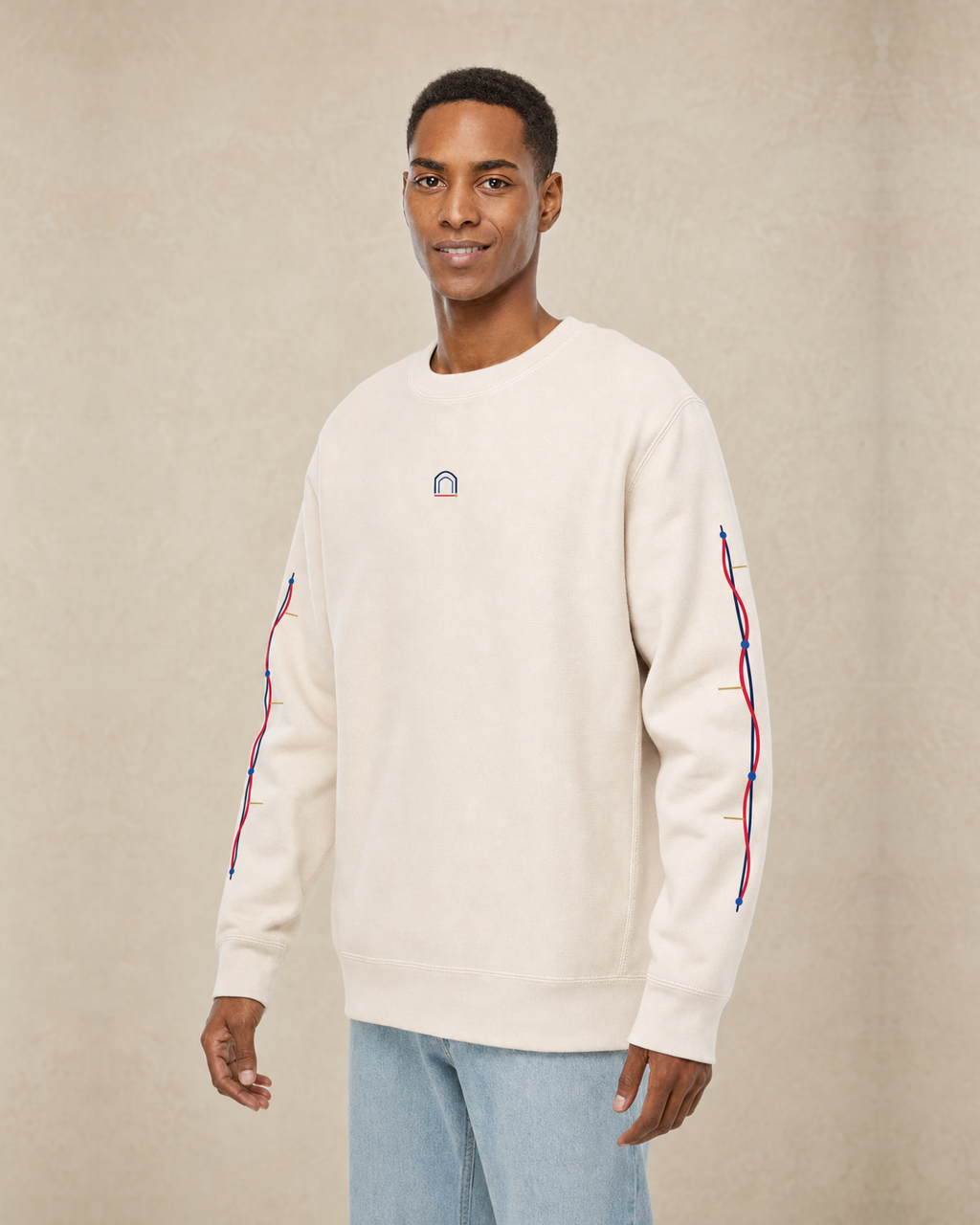 Lòt Bò Cross-Grain Crew in Bone, worn front view with sleeve routes