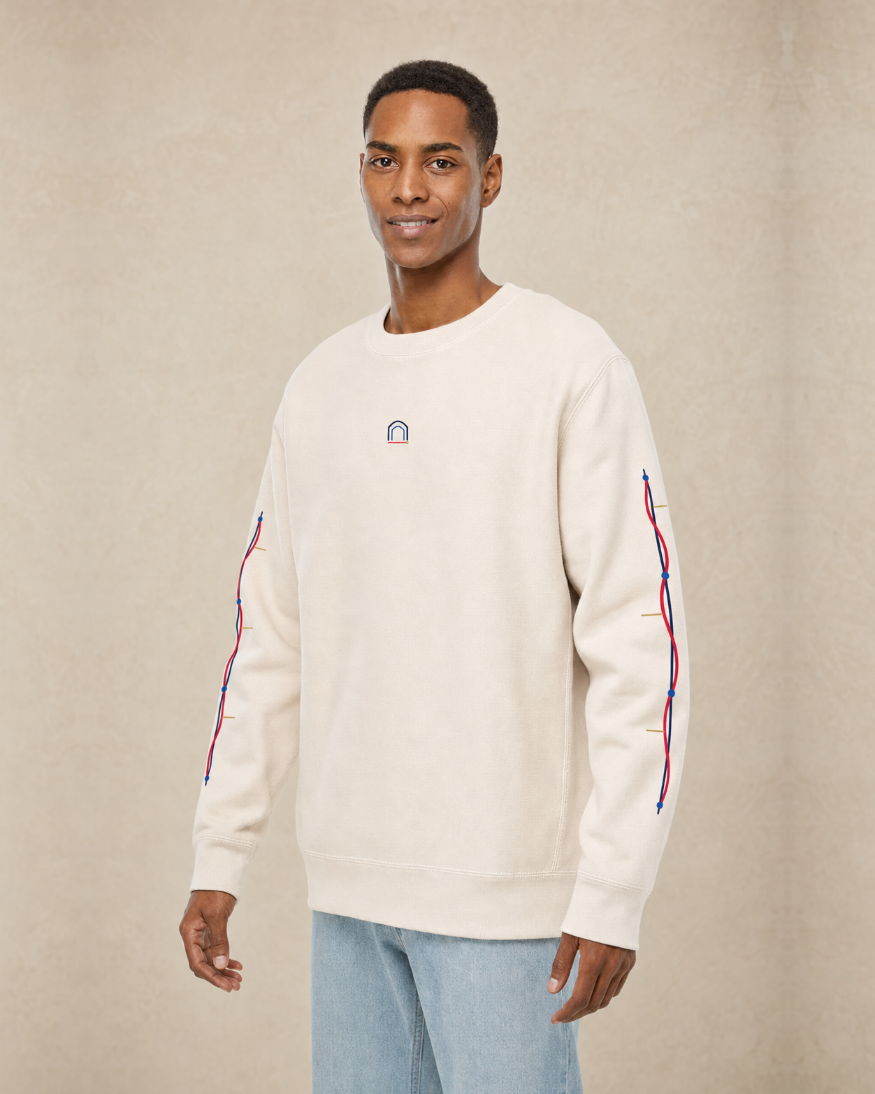 Lòt Bò Cross-Grain Crew in Bone, worn front view with sleeve routes