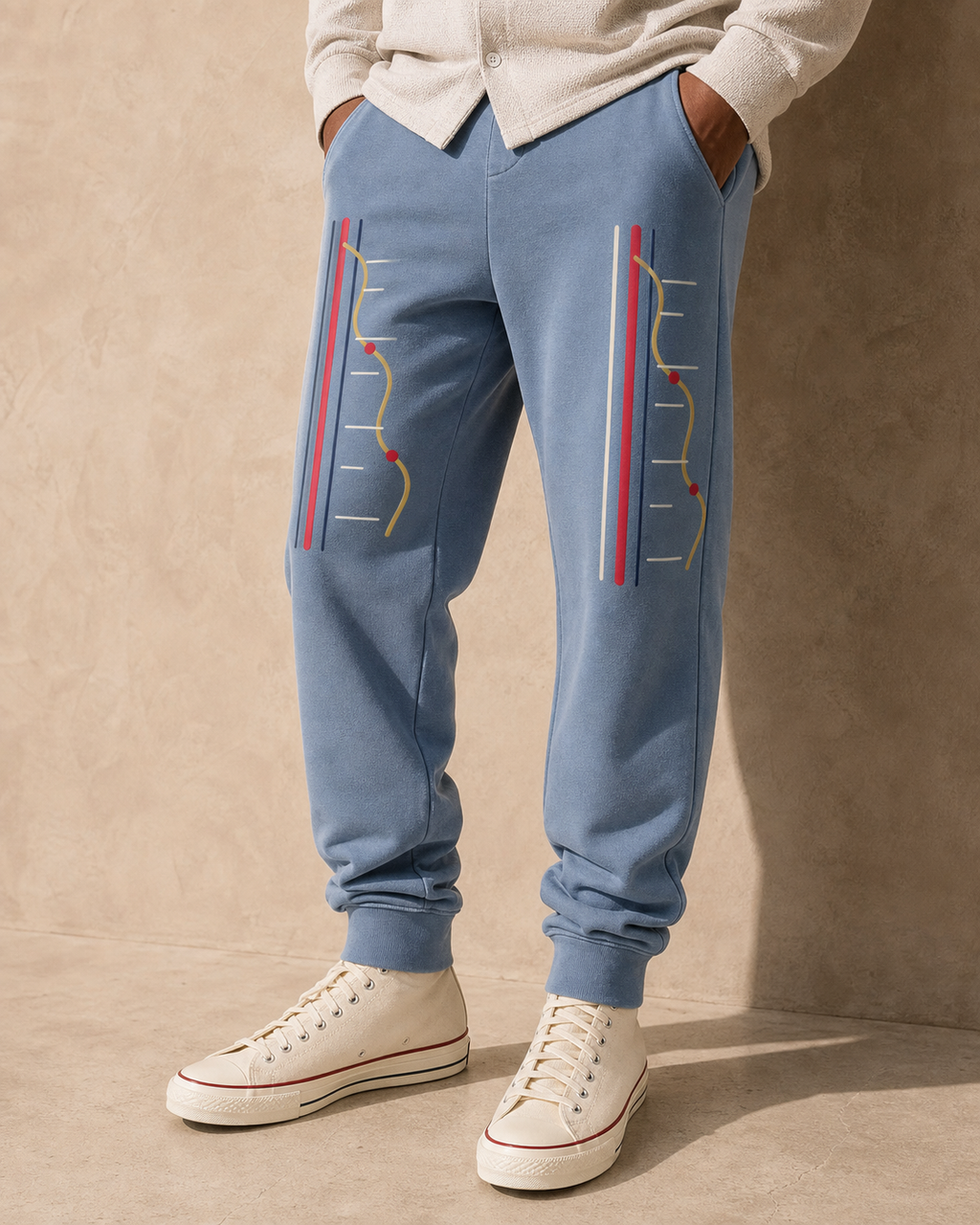 Passage Pigment Fleece Pant in slate blue, worn editorial view