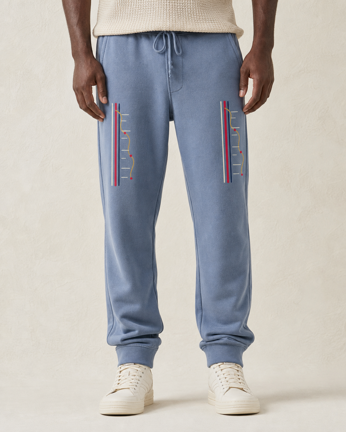 Passage Pigment Fleece Pant in slate blue, worn front studio view