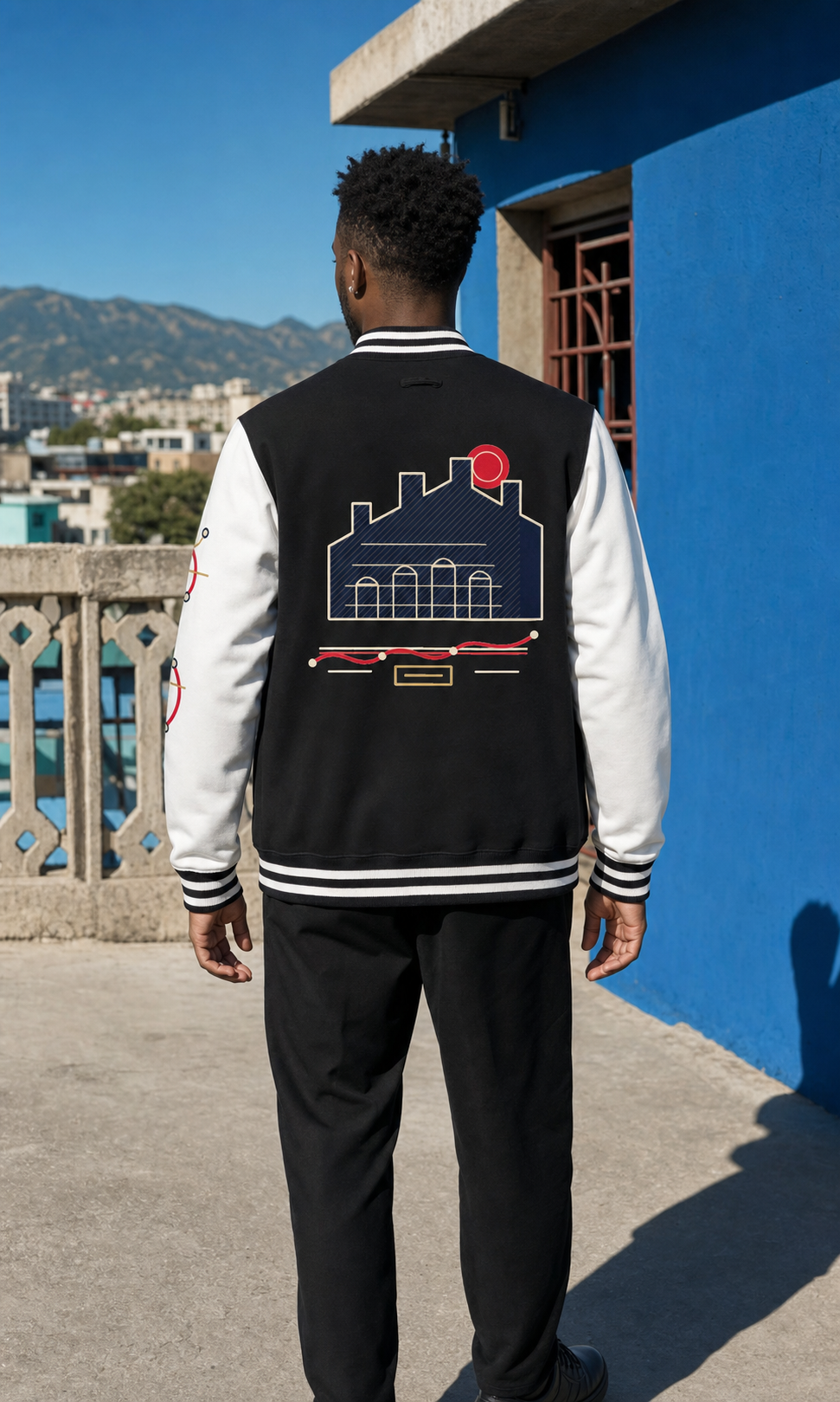 Model wearing the Citadelle Transit Letterman, back view
