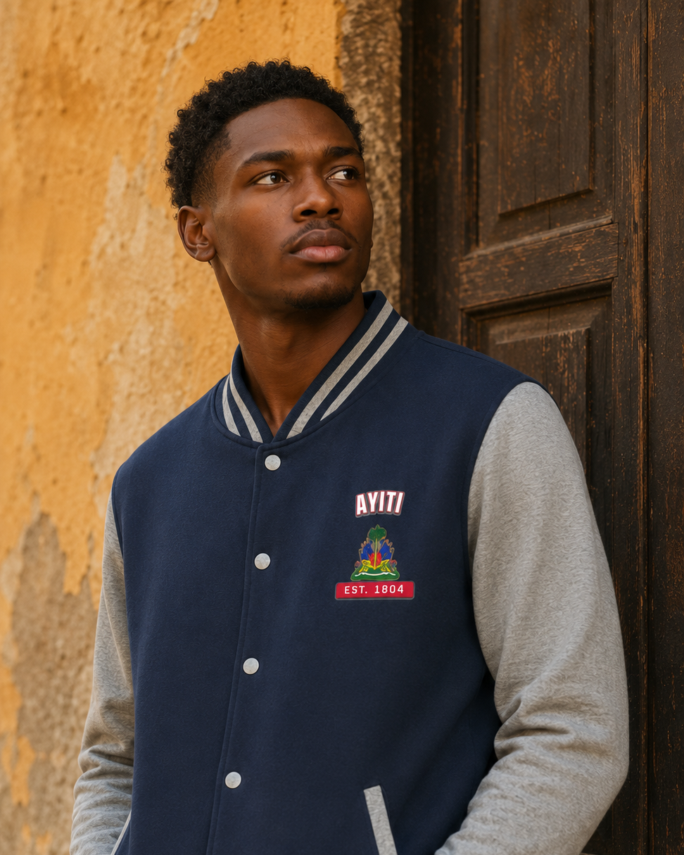 Close portrait of a model wearing the L'Union AYITI letterman