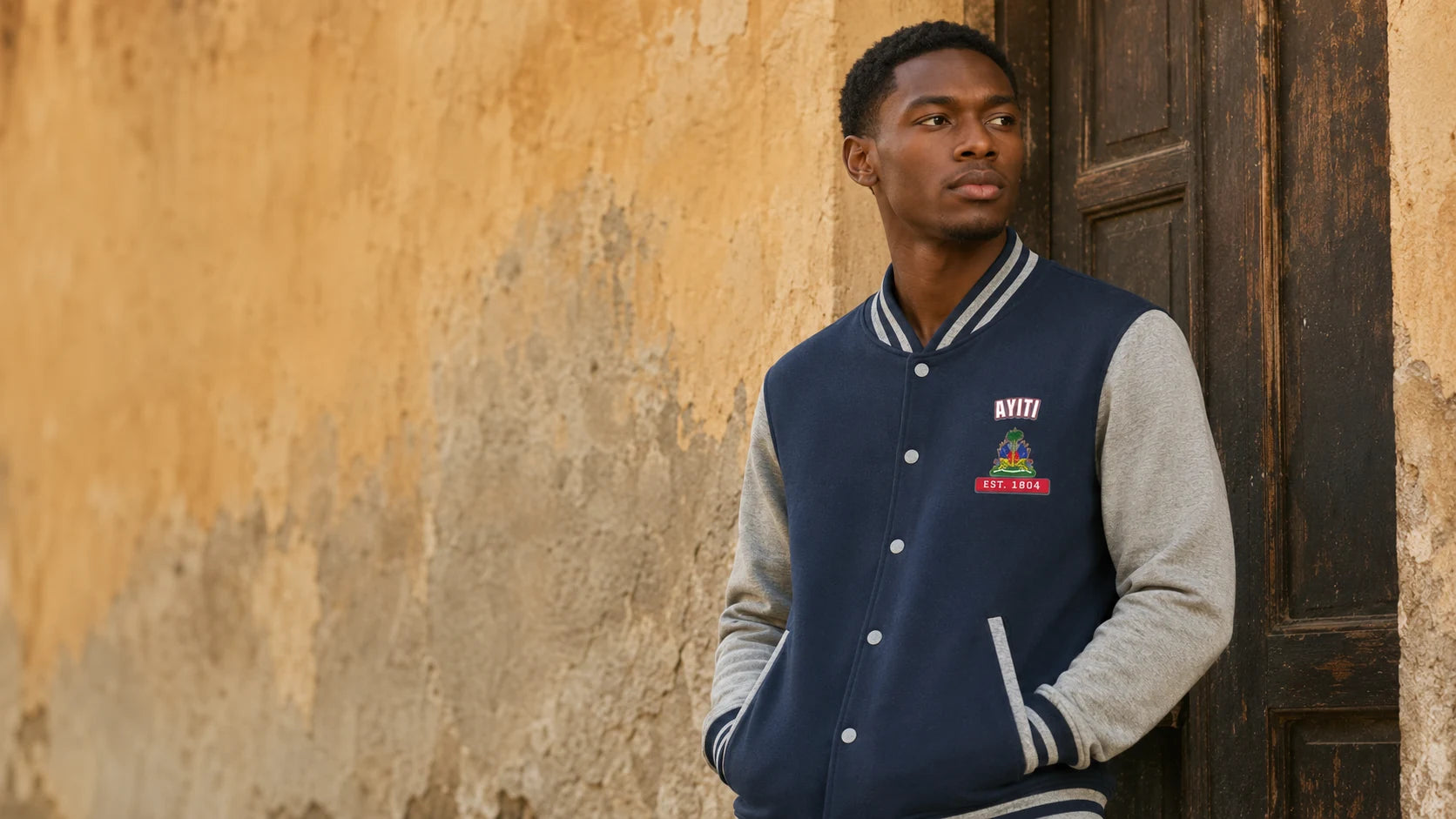 Model wearing the L'Union AYITI navy and grey varsity letterman