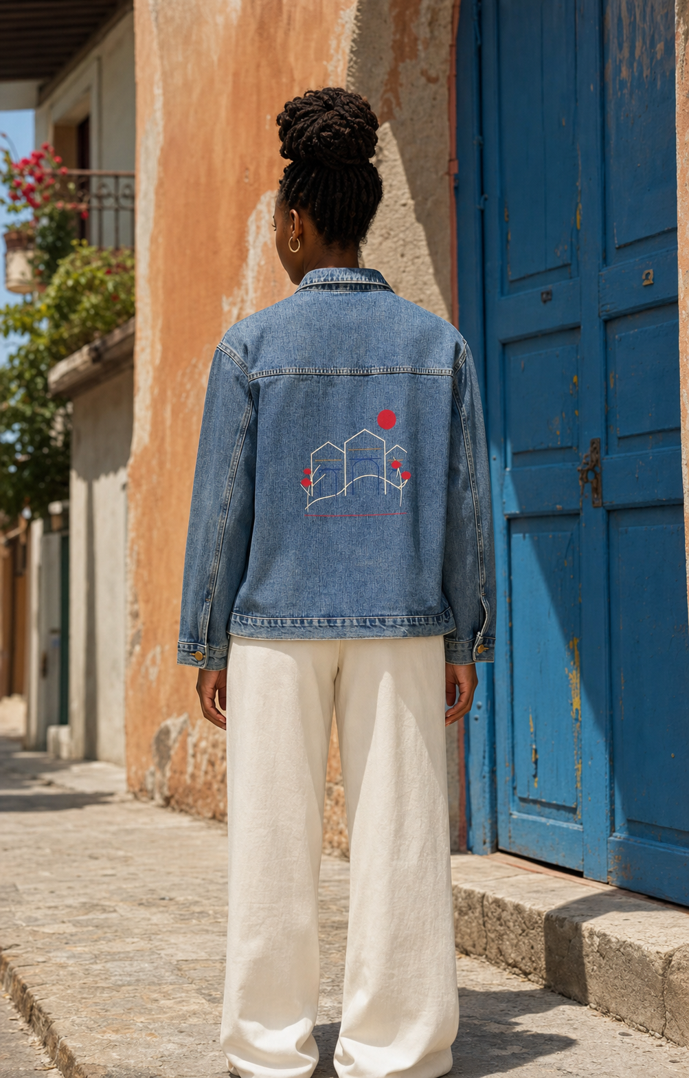Model wearing the Jakmèl Garden Denim jacket, back view